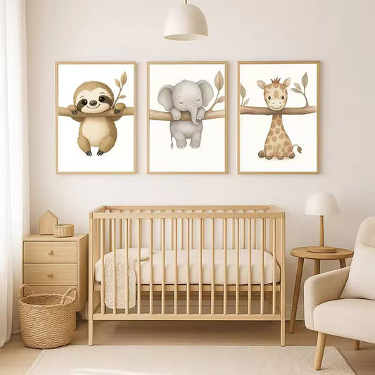 Cute Animal Wall Art Set of 3 Sloth, Elephant & Giraffe Nursery Prints for Kids Room, Bedroom or Living Room Decor