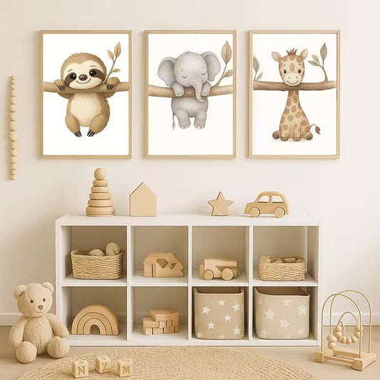Cute Animal Wall Art Set of 3 Sloth, Elephant & Giraffe Nursery Prints for Kids Room, Bedroom or Living Room Decor