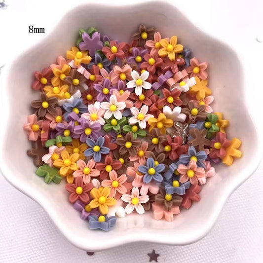 100Pcs 8mm Resin 3D Colorful Mini Flower Gems Flatback Figurines Scrapbook Wedding Applique Nail Art Decor Crafts OL560